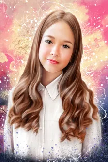 Детский Портрет на заказ в стиле дрим арт, кареглазая девочка с волнистыми русыми волосами на ярком цветном фоне, художник Мария 