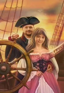 В образе, художник Антонина, он доблестный капитан\пират в шляпе, она его боевая подруга