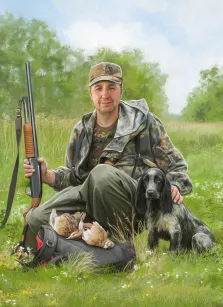 В образе, художник Антонина, мужской портрет в образе охотника с ружьем, собакой и рябчиками