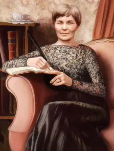В образе, художник Антонина, женский портрет в образе писательницы в кресле в красивом платье