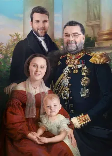 Портрет семьи из четырех человек с помощью фотомонтажа в картину XIX века, художник Антонина