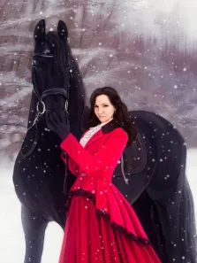 Девушка в образе в красном платье стоит рядом с чёрным конём в заснеженном лесу, художник Антонина