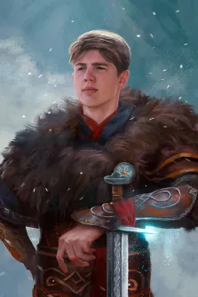 Молодой человек в образе воина, опирается рукой на меч, художник Антонина