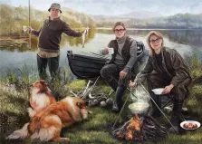 Портрет семьи из трех человек в образе рыбаков на берегу реки, художник Антонина