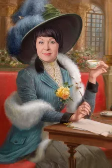 Женщина в образе в шляпе и полосатом пальто держит чашку чая и пишет письма, художник Антонина