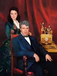 Парный портрет в образе, мужчина в тёмно-синем костюме сидит на кресле и женщина в изумрудном платье стоит возле него, художник Антонина