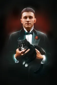 Мужской портрет В образе, молодой человек в классическом костюме с котом на руках, художник Антонина