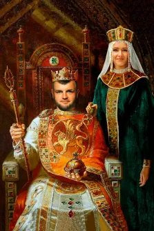 Парный портрет В образе, мужчина с бородой на троне в образе царя и девушка рядом в образе княгини, художник Лариса