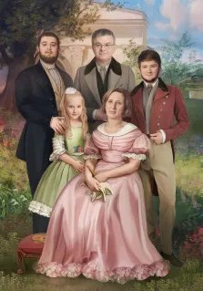 Семейный портрет в образе картины XIX века австрийского художника Иоганна Баптиста Райтера. На картине изображена семья из пяти человек: отец, мать, маленькая дочка и два взрослых сына. Автор: Антонина