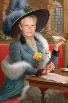 Портрет женщины В образе дамы в голубом костюме со шляпой на голове которая сидит за письмом, художник Антонина