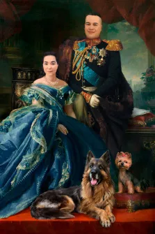 Пара В образе императора и императрицы, внизу изображены собаки пород "Немецкая овчарка" и "Той Терьер", художник Валерия 