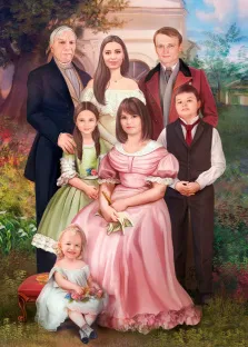 Семейный портрет из семи человек В образе старинной семьи аристократов, на картине изображены: двое мужчин, две женщины, мальчик и две девочки, художник Антонина