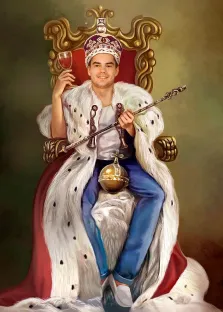 Портрет мужчины В образе короля на троне с короной и бокалом красного вина в руке, художник Валерия 