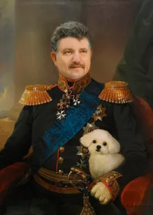 Портрет мужчины В образе графа Киселева с белой собачкой на руках, художник Валерия 