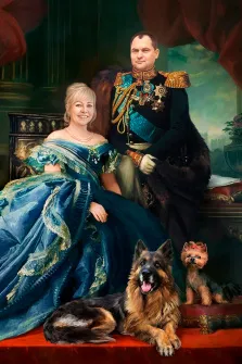 Парный портрет В образе короля и королевы, так же на фото изображены собаки пород "Немецкая овчарка" и "Йоркширский терьер", художник Антонина
