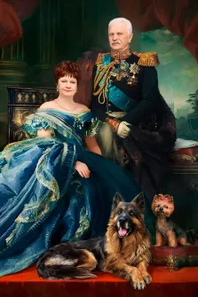 Парный портрет В образе короля и королевы, так же на фото изображены собаки пород "Немецкая овчарка" и "Йоркширский терьер", художник Антонина