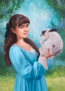 Портрет кареглазой девушки В образе которая держит белого кролика на руках, художник Антонина
