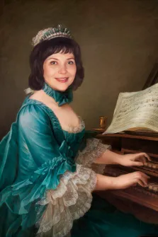 Женщина В образе девушки в старинном платье которая сидит за пианино, художник Антонина