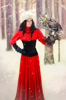 Женский портрет В образе девушки в готической одежде у которой на руке сидит сова, девушка стоит посреди зимнего леса, художник Антонина