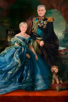 Парный портрет В образе короля и королевы, в углу сидит собака породы Йоркширский терьер, художник София 