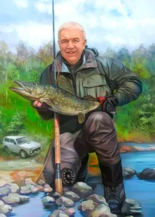 Портрет пожилого мужчины В образе рыбака в лесу, на фоне изображён белый автомобиль "Нива", художник Антонина