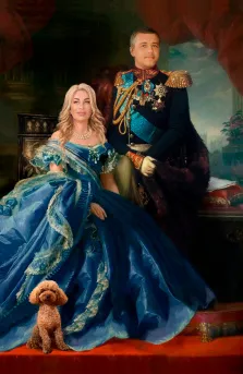 Парный портрет В образе королевской семьи, девушка блондинка в голубом пышном платье и молодой человек в мундштуке, у ног сидит собака породы "Пудель", художник Валерия 
