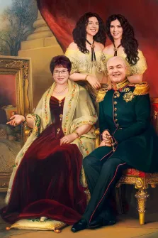 Семейный портрет В образе царской семьи: мужчина в мундире, женщина в очках и с короткой стрижкой и две девушки с кудрявыми волосами, художник Антонина