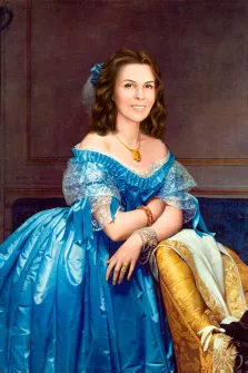 Портрет кареглазой девушки с каштановыми волнистыми волосами В образе княгини Ольги Орловой в голубом платье, художник Валерия 