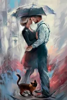 Парный портрет В образе, мужчина и девушка стоят под зонтом, в ногах кошка, художник Александра 
