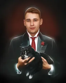 Портрет молодого человека В образе крёстного отца с котом на руках, художник Антонина