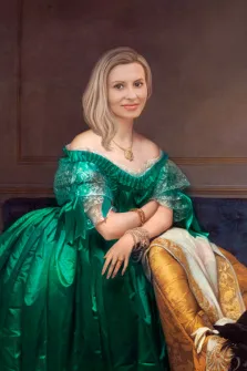 Портрет девушки В образе дамы 19 века в изумрудном пышном платье, художник Антонина
