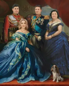 Семейный портрет из четырёх человек с собакой В образе королевской семьи, художник Антонина