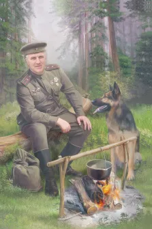 Портрет мужчины В образе солдата в лесу у костра, художник Антонина