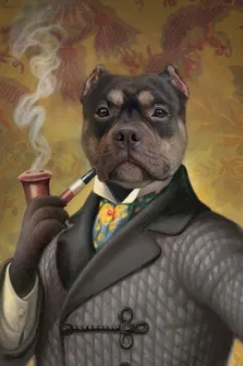 Портрет собаки породы "английский бульдог" с трубкой и в костюме, художник Антонина