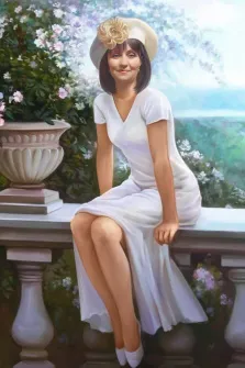 Портрет девушки в белом платье на террасе, стиль В образе, художник Антонина