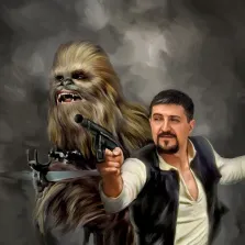 Портрет мужчины В образе героя вселенной "звёздные войны" - джедая, в руках пистолет, рядом изображён "Чубакка", художник Анастасия 