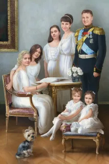 Портрет большой семьи из семи человек В образе семьи Романовых, муж, жена и пять дочек, художник Антонина