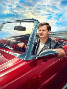 Портрет мужчины за рулём красного кабриолета, художник Павел 
