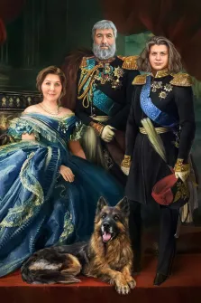 Портрет семьи из трёх человек и собаки порода "Немецкая овчарка" В образе королевской семьи,  художник Анастасия