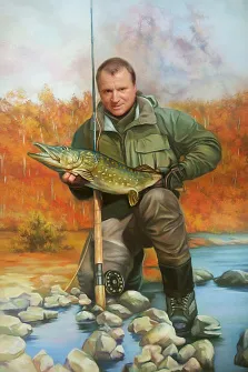 Портрет мужчины В образе рыбака с большой щукой в руках, художник Павел 