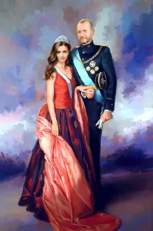 Парный портрет в образе королевской семьи на абстрактном цветном фоне в тёмных тонах, художник Лариса
