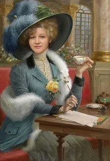 Портрет женщины в образе леди за чашкой чая на основе фотомонтажа в известную картину
