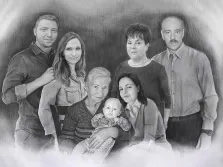 Портрет карандашом семьи из семи человек, художник Татьяна
