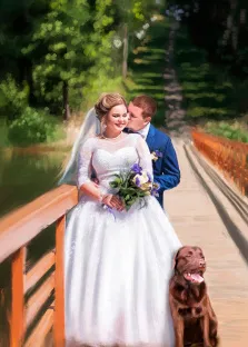 Семейный портрет с изображением девушки в свадебном платье и мужчины в тёмно-синем классическом костюме, рядом стоит собака. Художник Александра