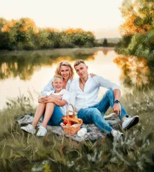 Семейный портрет маслом - семья из трех человек (пара и ребенок) на пикнике на берегу озера летом. Автор: Александра.