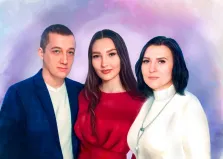 Семейный портрет маслом: мужчина и две девушки на нейтральном светлом фоне, художник Артём