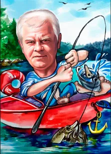 Шарж по фото мужчины в образе рыбака на красном катере, художник Александра