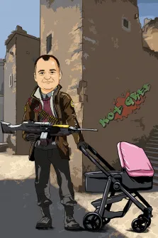 Шарж, художник Олеся, мужской портрет в образе персонажа игры counter strike, водной руке - оружие, в другой руке детская коляска