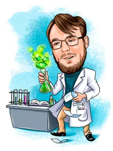 Шарж с нейтральным голубым фоном: изображен химик в белом халате, с бородой и колбой в руках в лаборатории. Художник Олеся.
