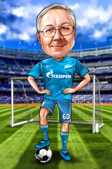 Портрет мужчины в очках в образе игрока футбольной команды "Зенит", работа выполнена в стиле Шарж, художник Александра 